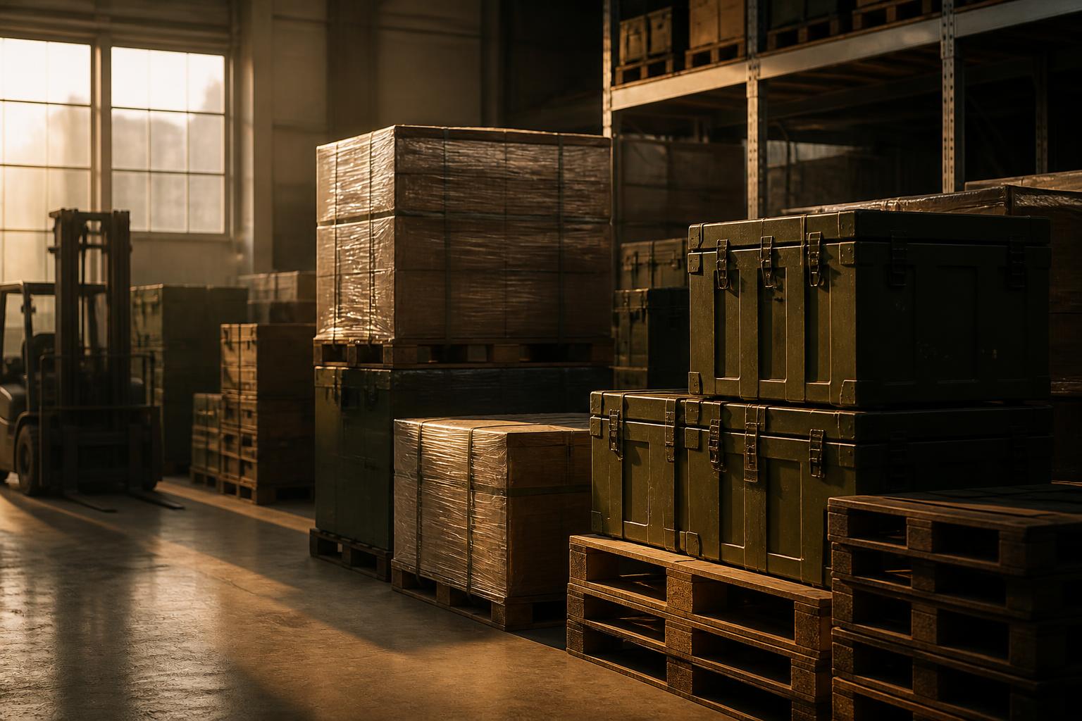 Palletized goods in a warehouse lit by warm late-afternoon light